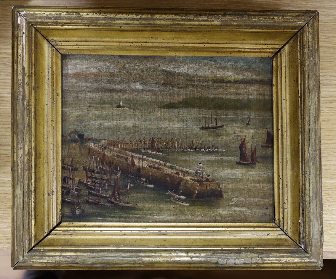 English School c.1900, oil on canvas, Fishing boats and other vessels beside a harbour wall, 19 x 24cm